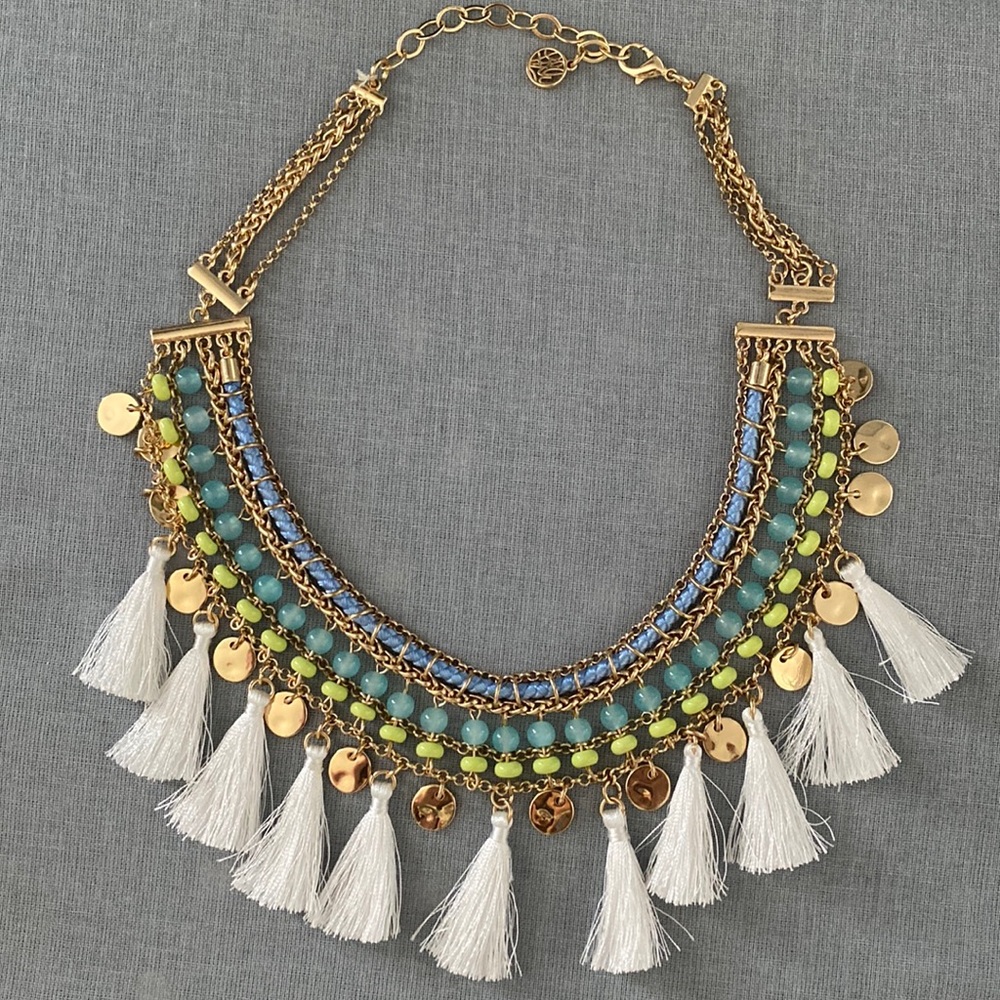 Lilly Pulitzer Beaded Tassel Necklace Surf Blue Green Gold Tone White